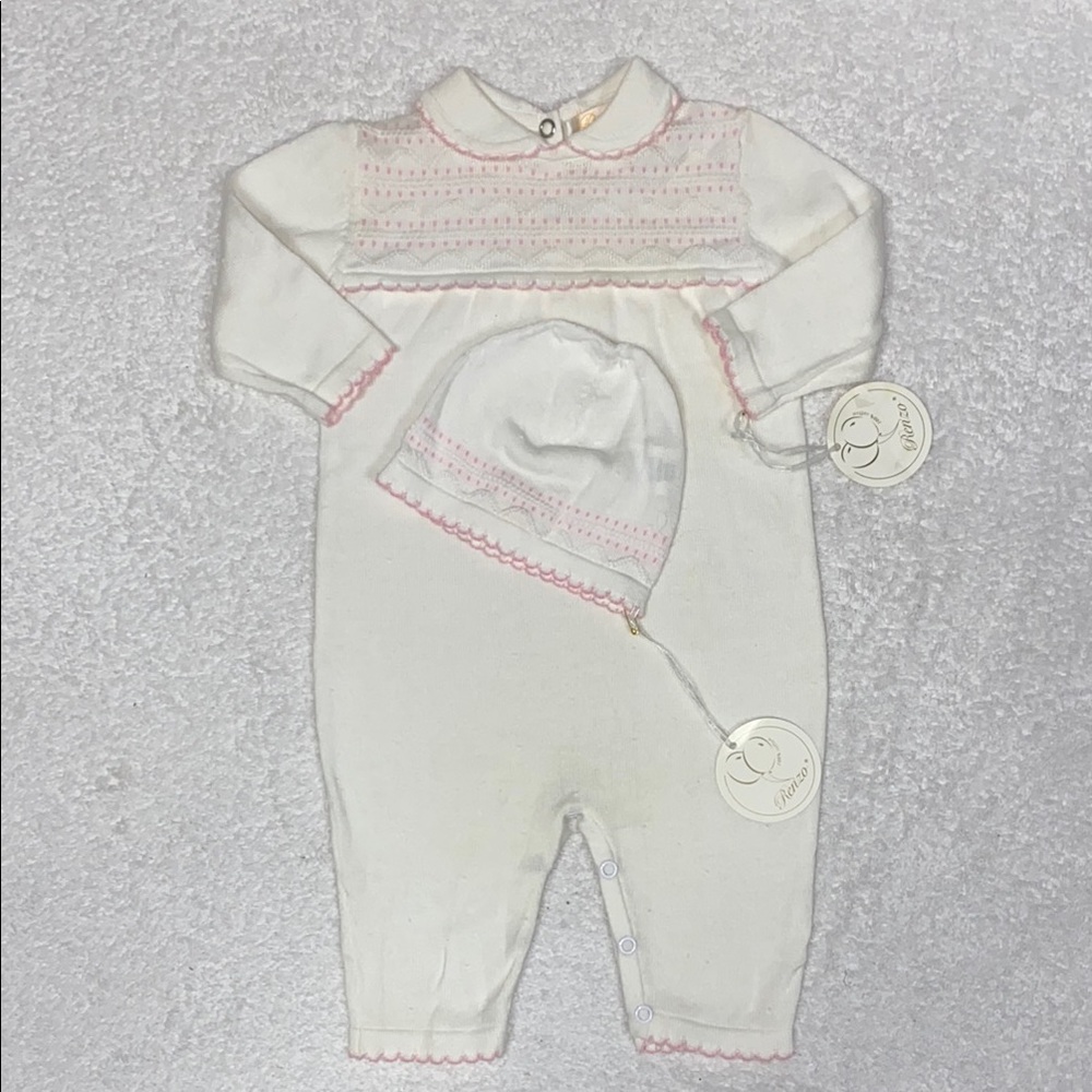 NWT Renzo knit sweater white Pink Kids One Piece romper and hat 3m